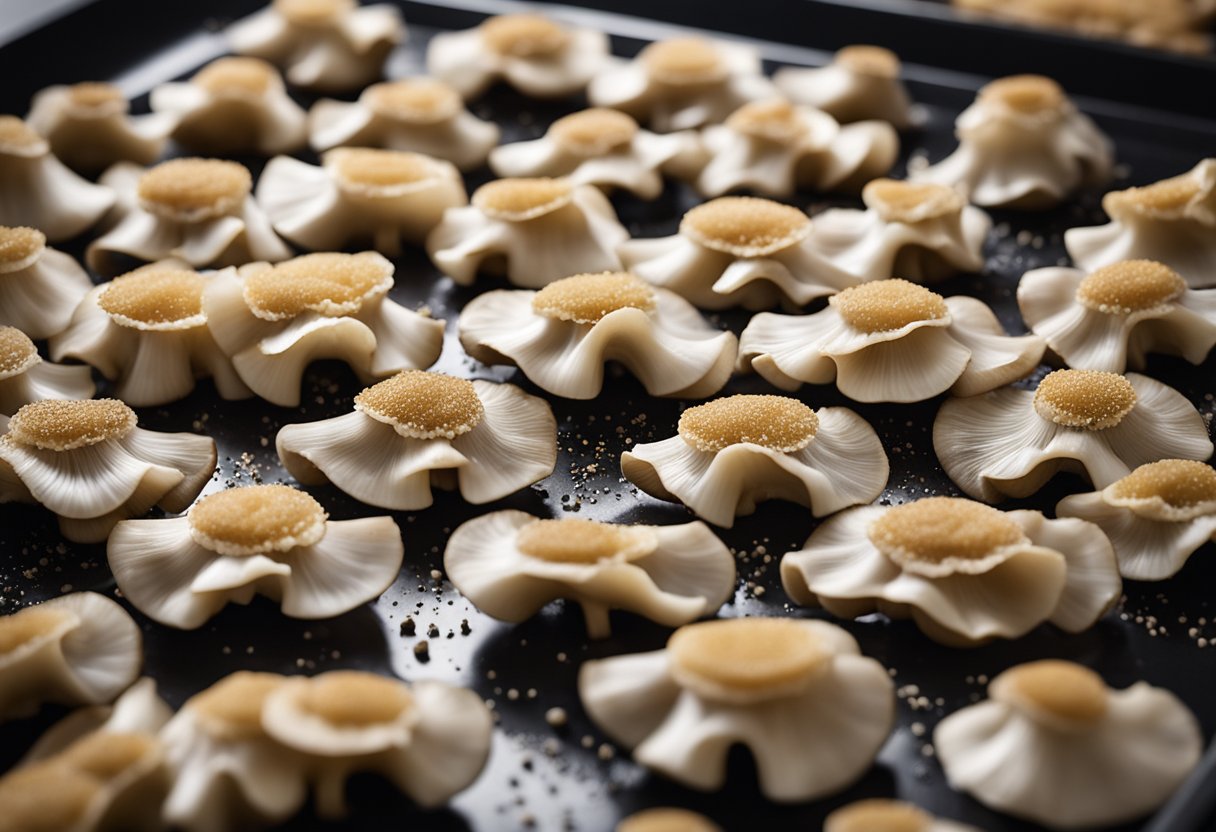 Oyster mushrooms arranged on a baking sheet, brushed with oil and sprinkled with seasoning, ready for roasting