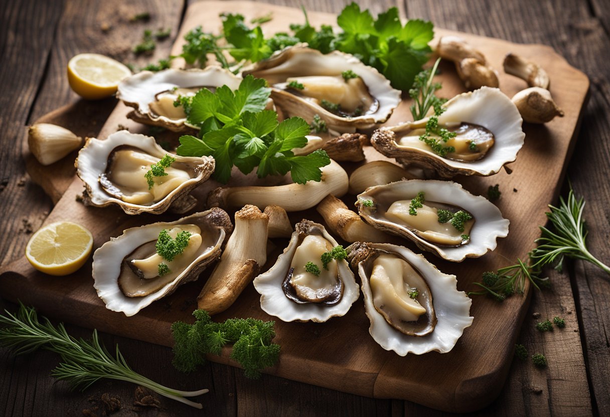 Roasted oyster mushrooms arranged on a rustic wooden board, paired with a selection of fresh herbs and spices