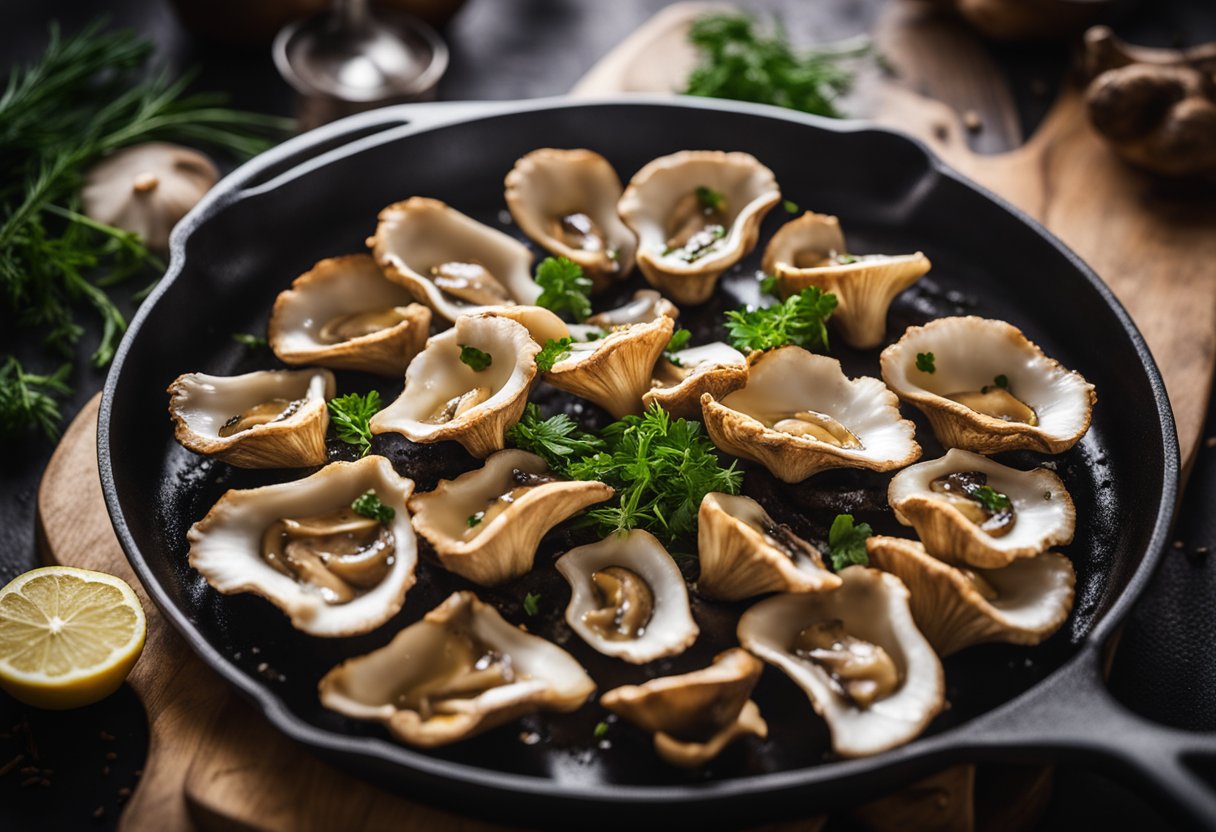 Roasted oyster mushrooms sizzling on a hot pan, emitting a savory aroma, with golden brown edges and a sprinkle of herbs