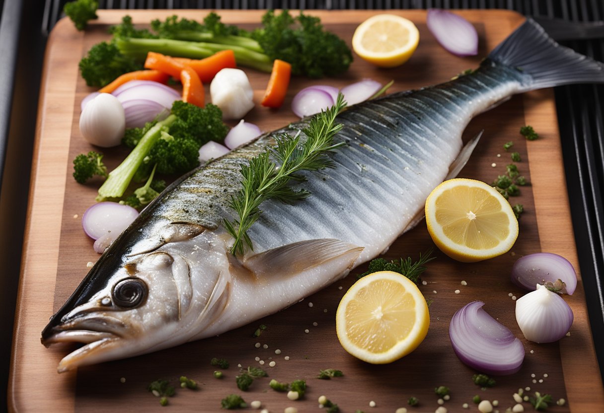 A saba fish fillet is being seasoned with salt, pepper, and herbs before being grilled over an open flame. The fish is then garnished with a squeeze of lemon and served on a bed of steamed vegetables