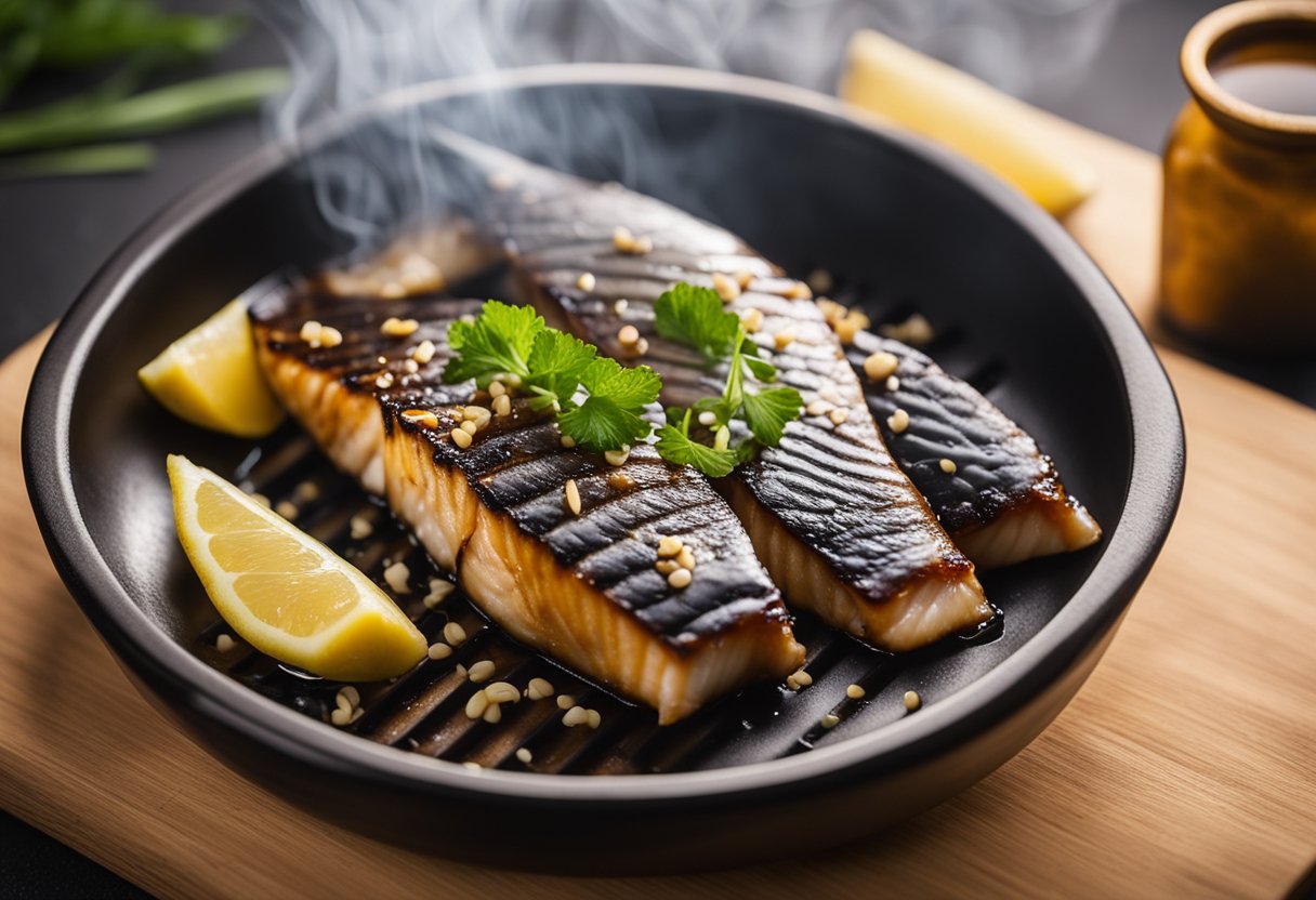 Saba fish being marinated in soy sauce and ginger, then grilled to perfection