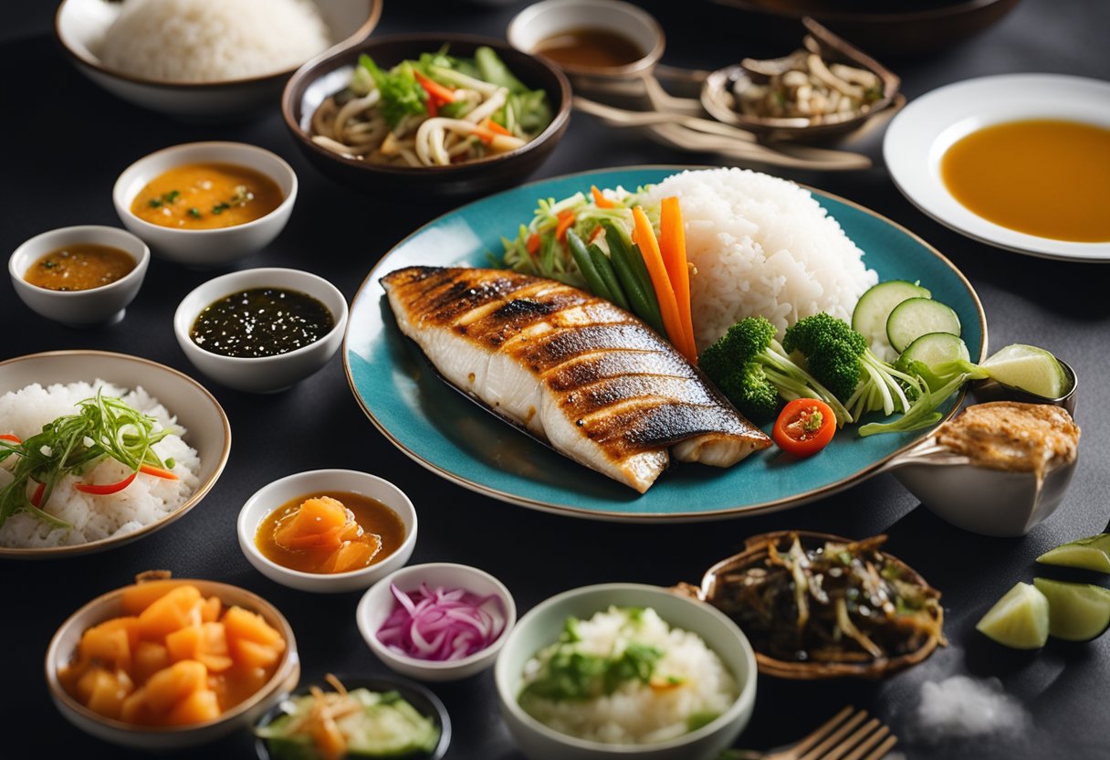 A plate of grilled saba fish with a side of steamed rice and a colorful array of pickled vegetables and sauces