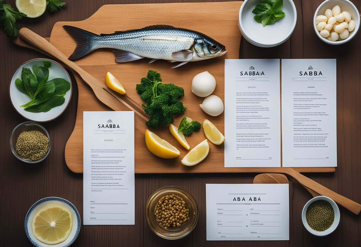 A saba fish being prepared with various ingredients, alongside a recipe card and utensils