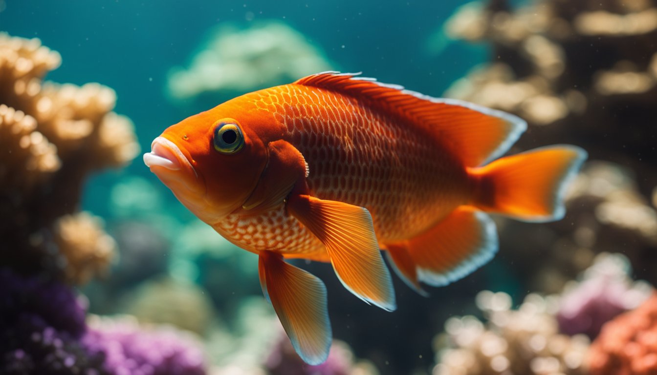 A vibrant red fish swims gracefully through a bed of colorful coral, its scales shimmering in the sunlight as it navigates the crystal-clear waters