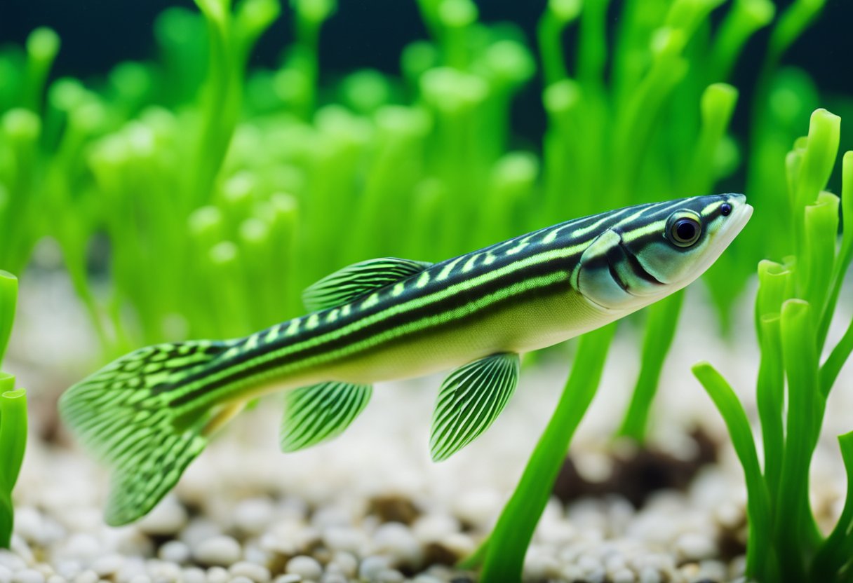 A Siamese Algae Eater swims gracefully among green algae, its slender body and long fins gliding through the water with ease. The fish's distinctive striped pattern and delicate features are captured in vivid detail