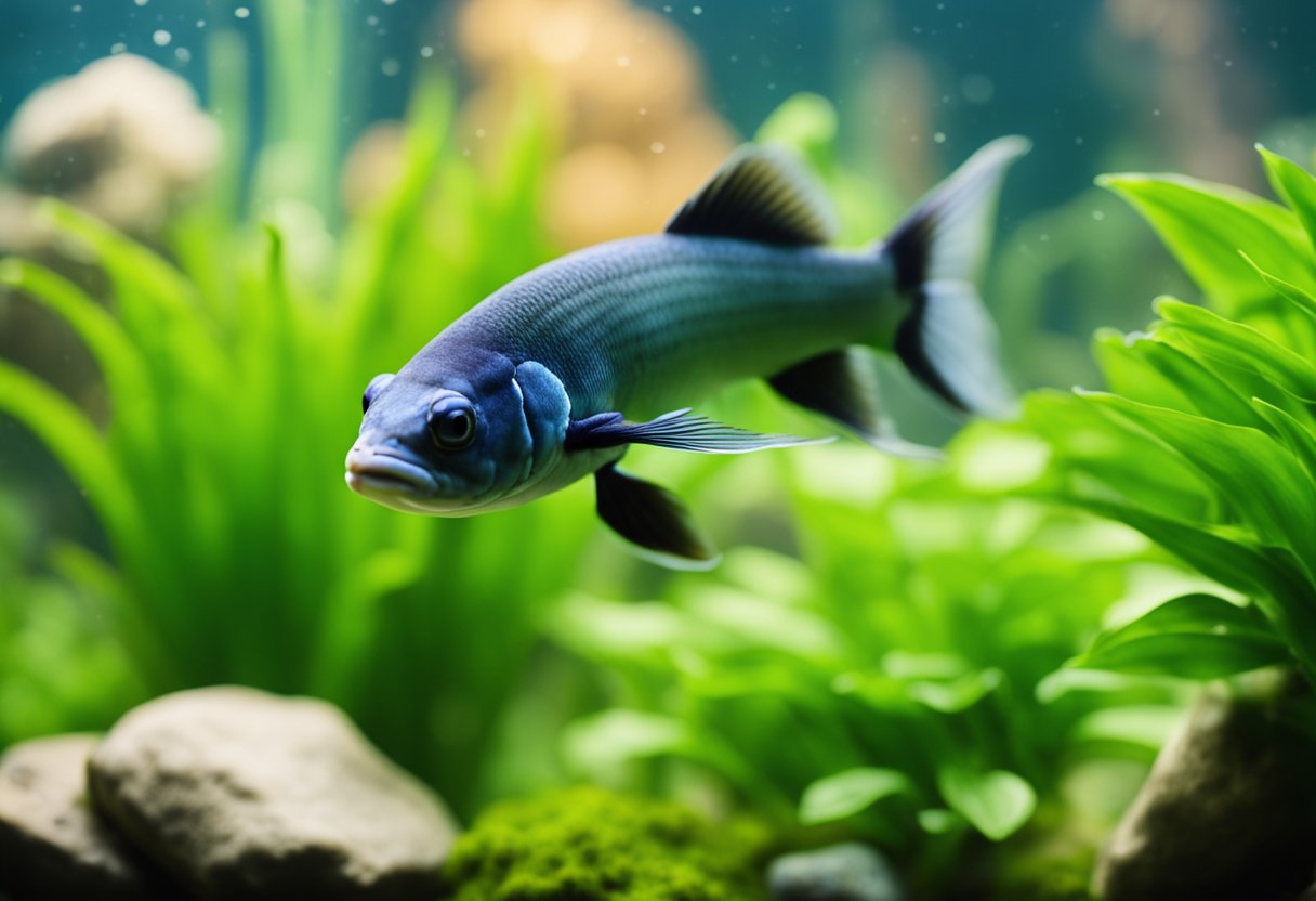 A Siamese Algae Eater swims among green plants and rocks in a well-maintained aquarium. Clear water and vibrant colors create a serene and healthy environment for the fish