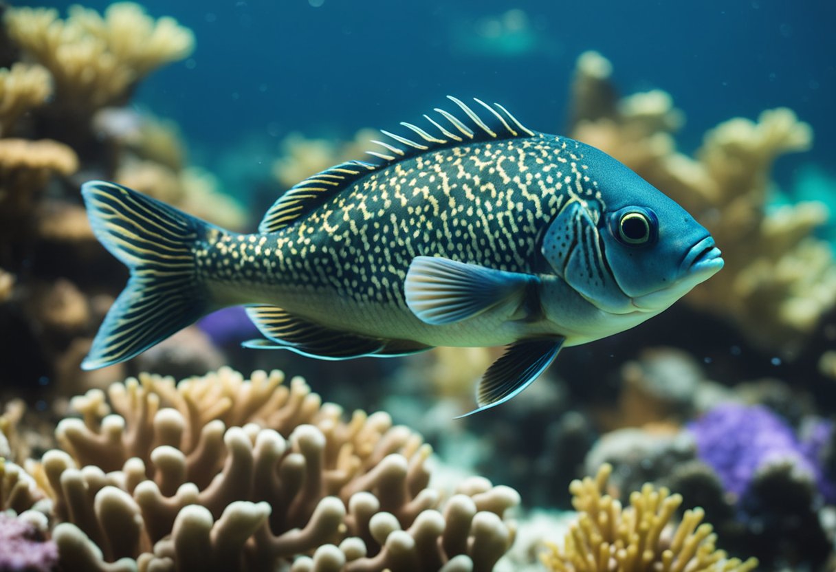 A sae fish swimming gracefully among coral reefs, surrounded by schools of colorful fish and vibrant marine life