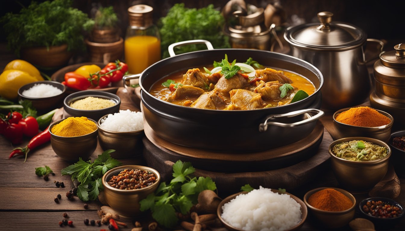 A steaming pot of fish head curry sits on a rustic table, surrounded by colorful spice jars and fresh ingredients. Steam rises from the fragrant dish, filling the air with mouthwatering aromas