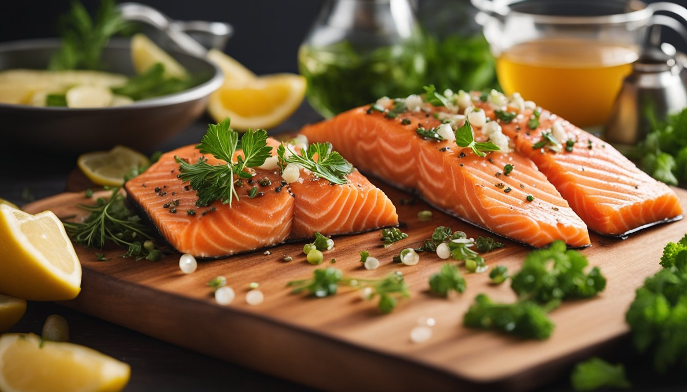 Fresh salmon fillets, diced vegetables, and aromatic herbs laid out on a clean cutting board. A pot of simmering broth bubbles on the stove