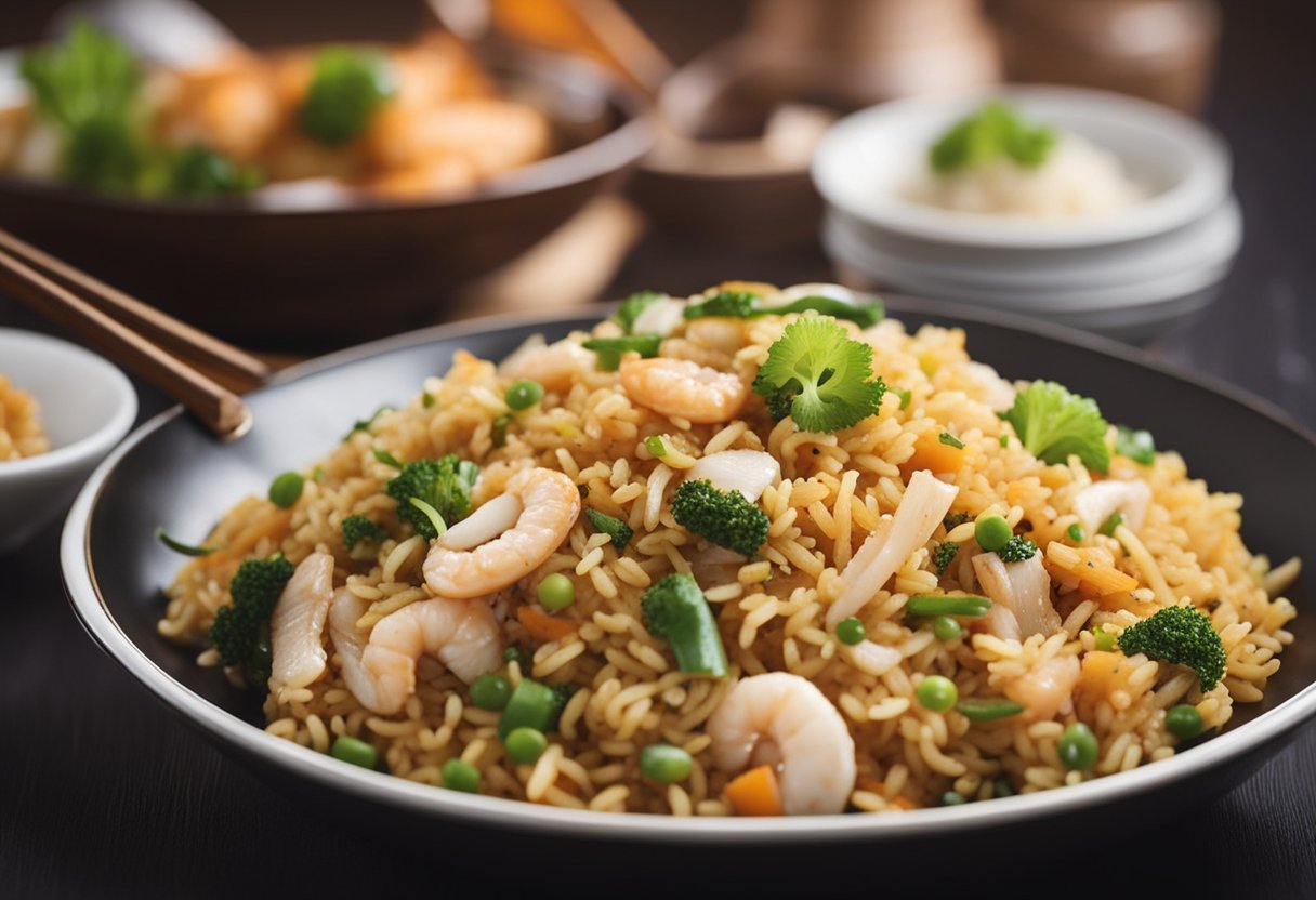 A sizzling wok fries up salted fish fried rice, as the aroma of savory seafood and fluffy grains fills the air