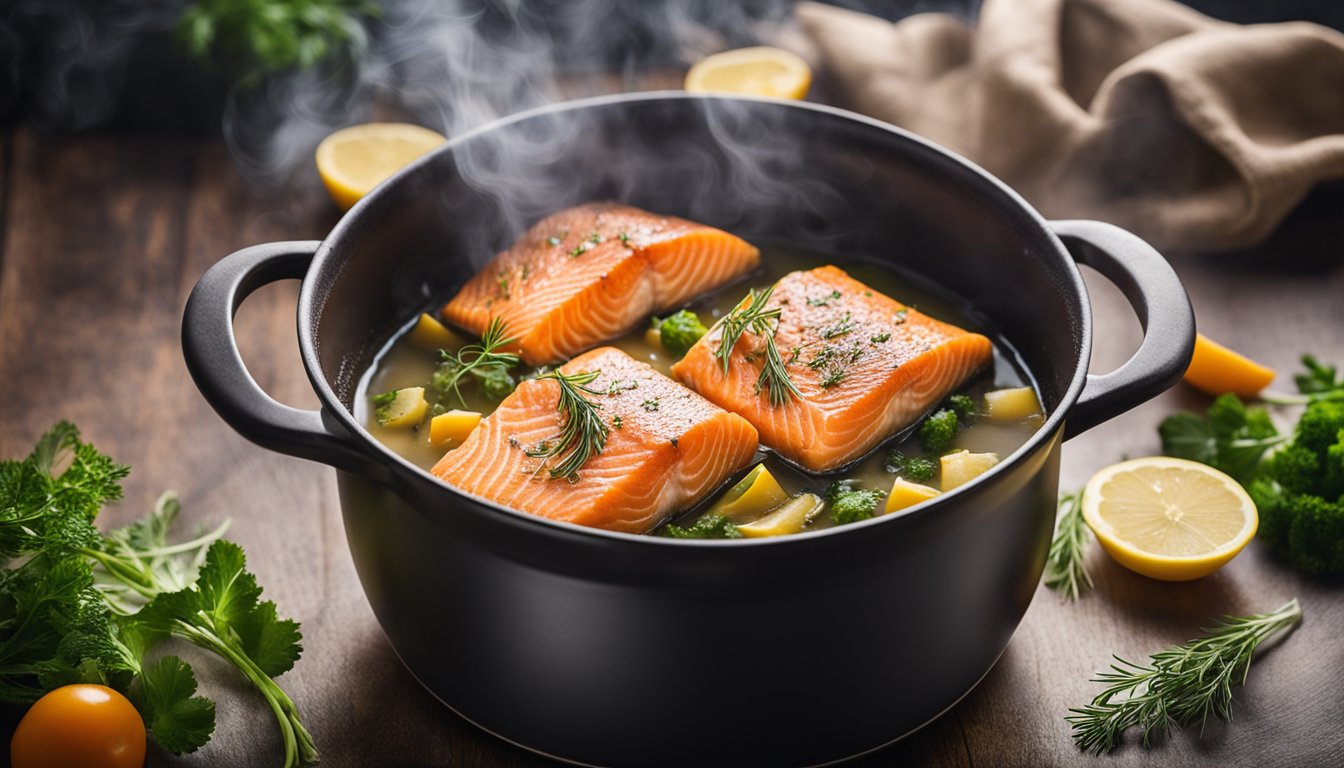 Salmon pieces simmer in a pot of broth with vegetables and herbs. Steam rises as the soup cooks on the stove