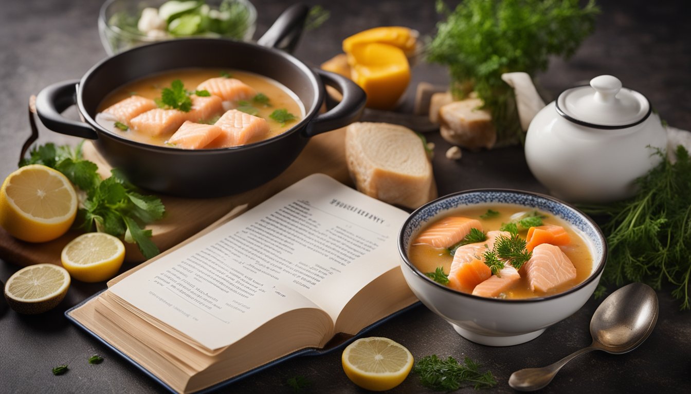 A pot of steaming salmon fish soup surrounded by ingredients and a recipe book open to the "Frequently Asked Questions" page