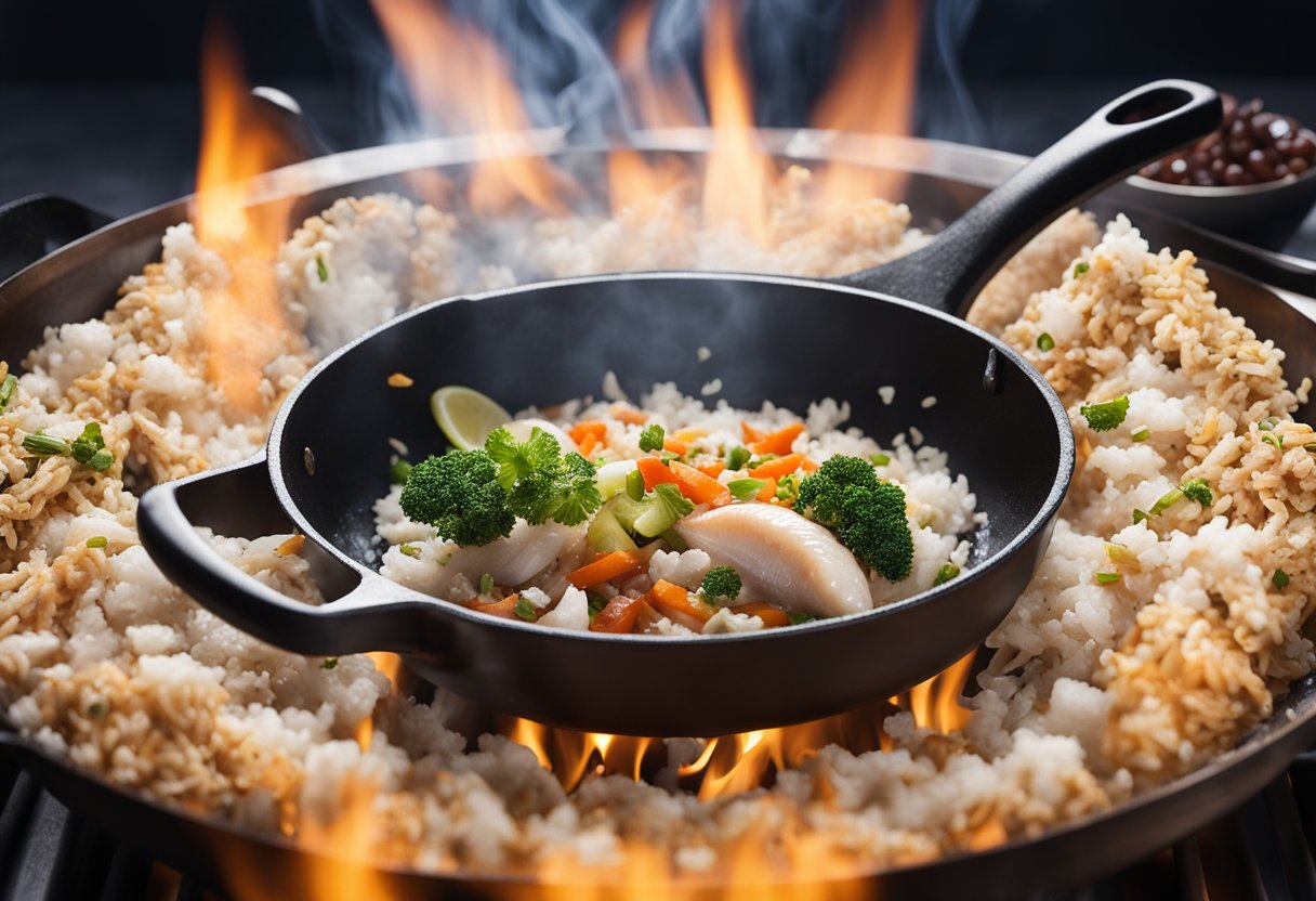 A skillet sizzling with salted fish, rice, and assorted ingredients being tossed together over a flame