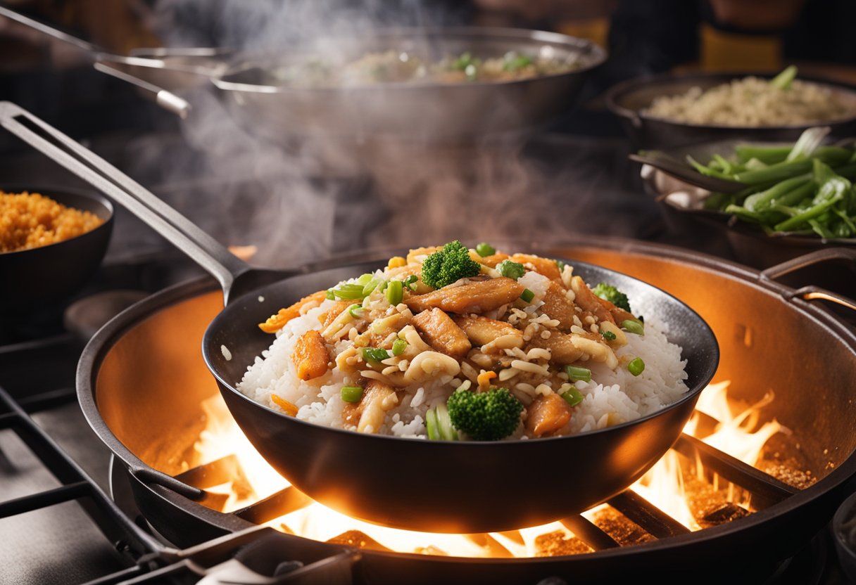 A wok sizzles as salted fish and rice are tossed together, filling the air with a savory aroma