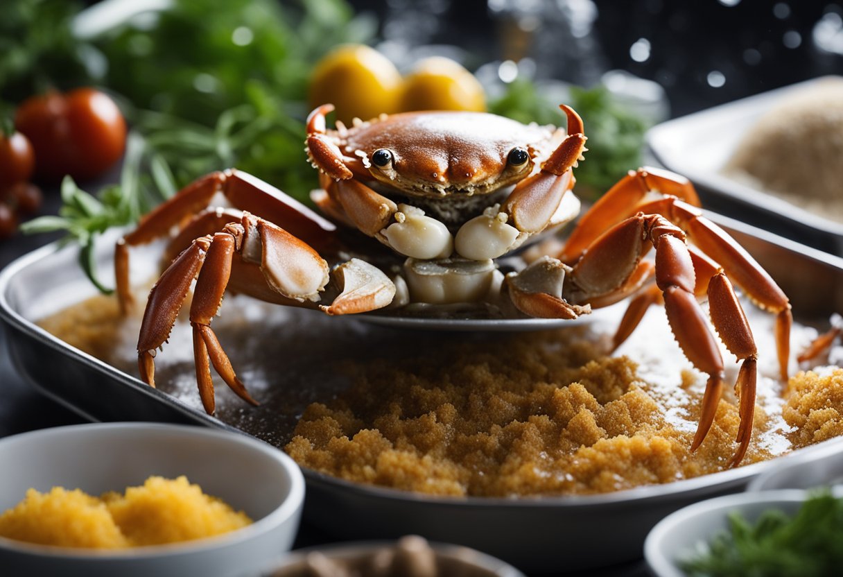 A crab is being coated in a thick layer of salt, ready to be baked. The crab is positioned on a bed of salt in a baking dish, surrounded by various herbs and spices