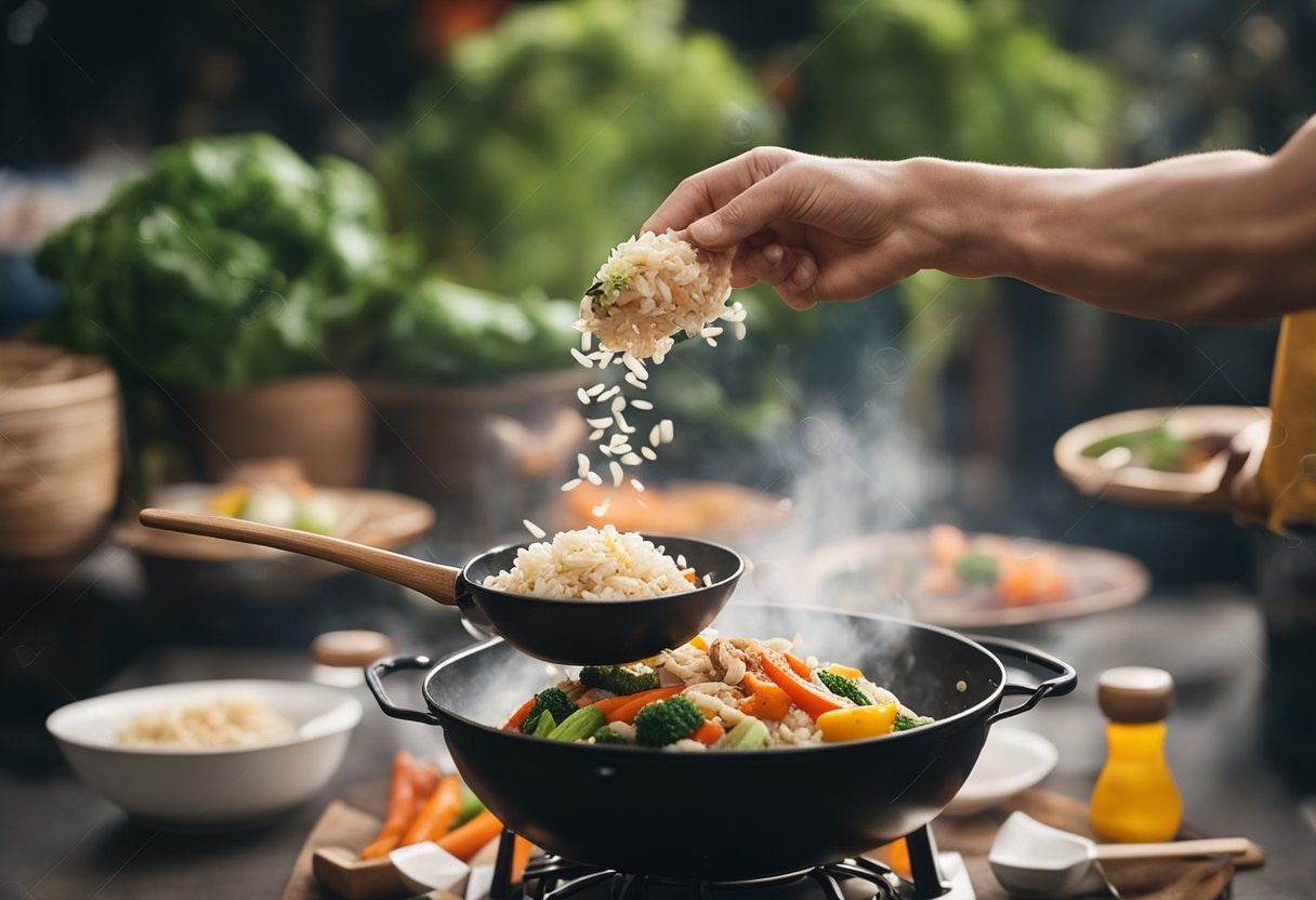 A sizzling wok tosses chunks of salted fish, rice, and colorful vegetables, filling the air with a savory aroma