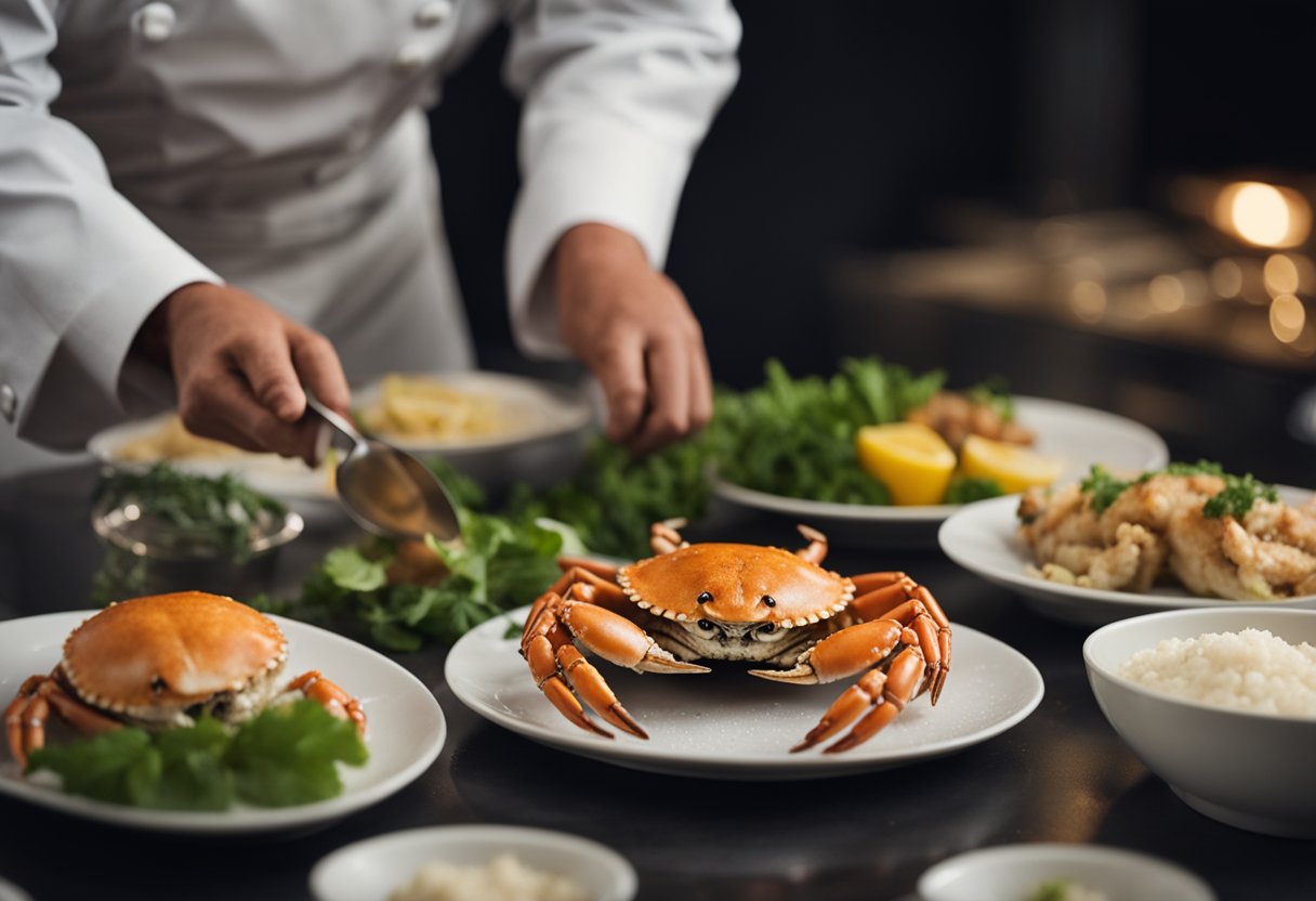 A chef prepares and serves a salt-baked crab on a platter