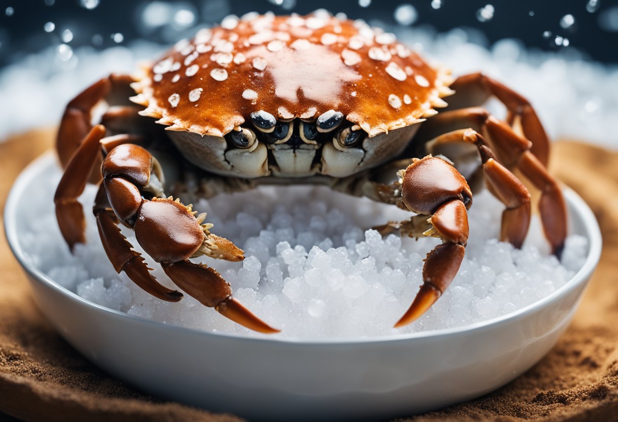 A whole crab encased in a thick layer of salt, cracked open to reveal succulent, steaming meat within