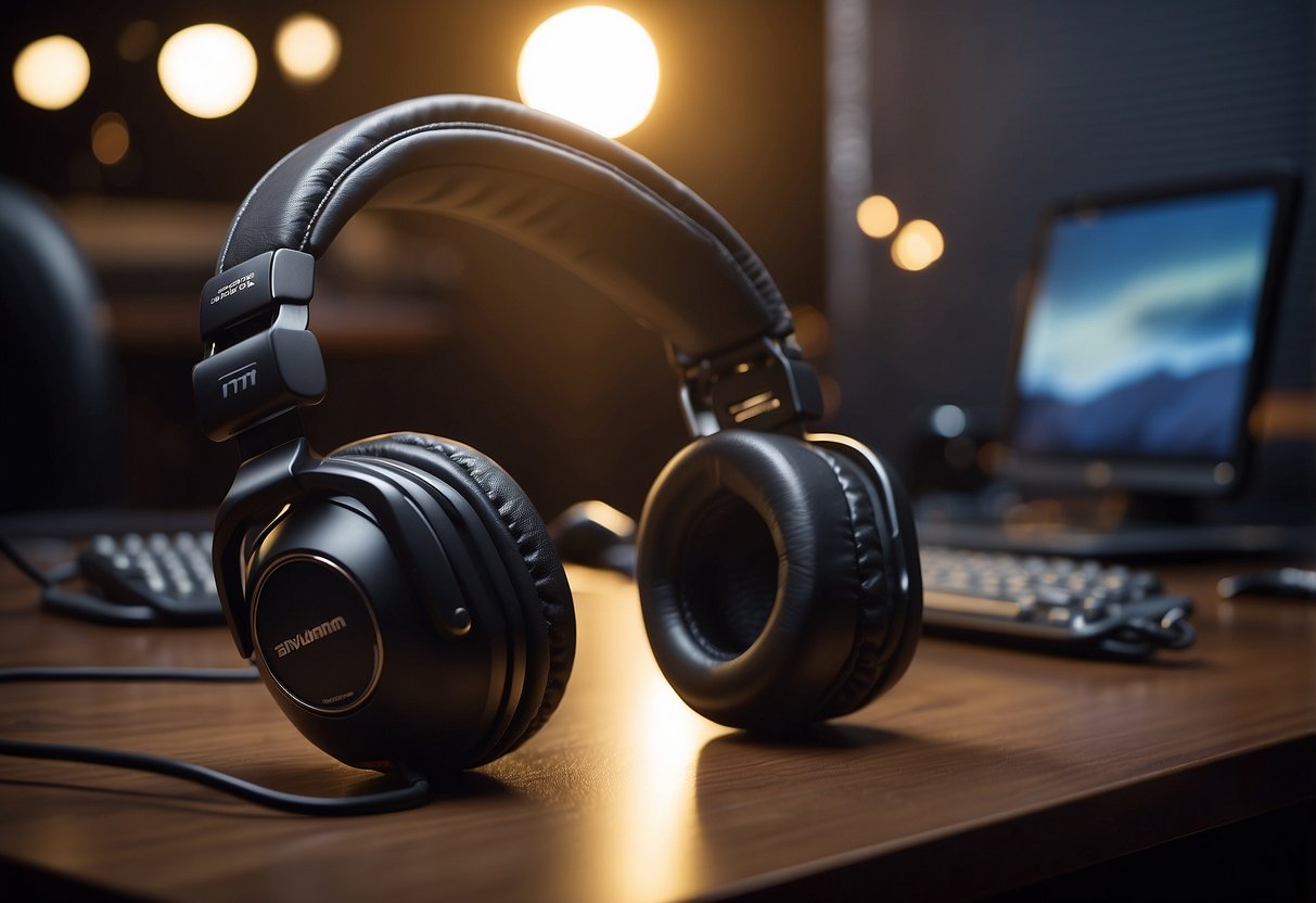 A trucker headset sits on a clean, modern desk. The sleek design and comfortable padding are highlighted in the soft glow of the overhead lighting