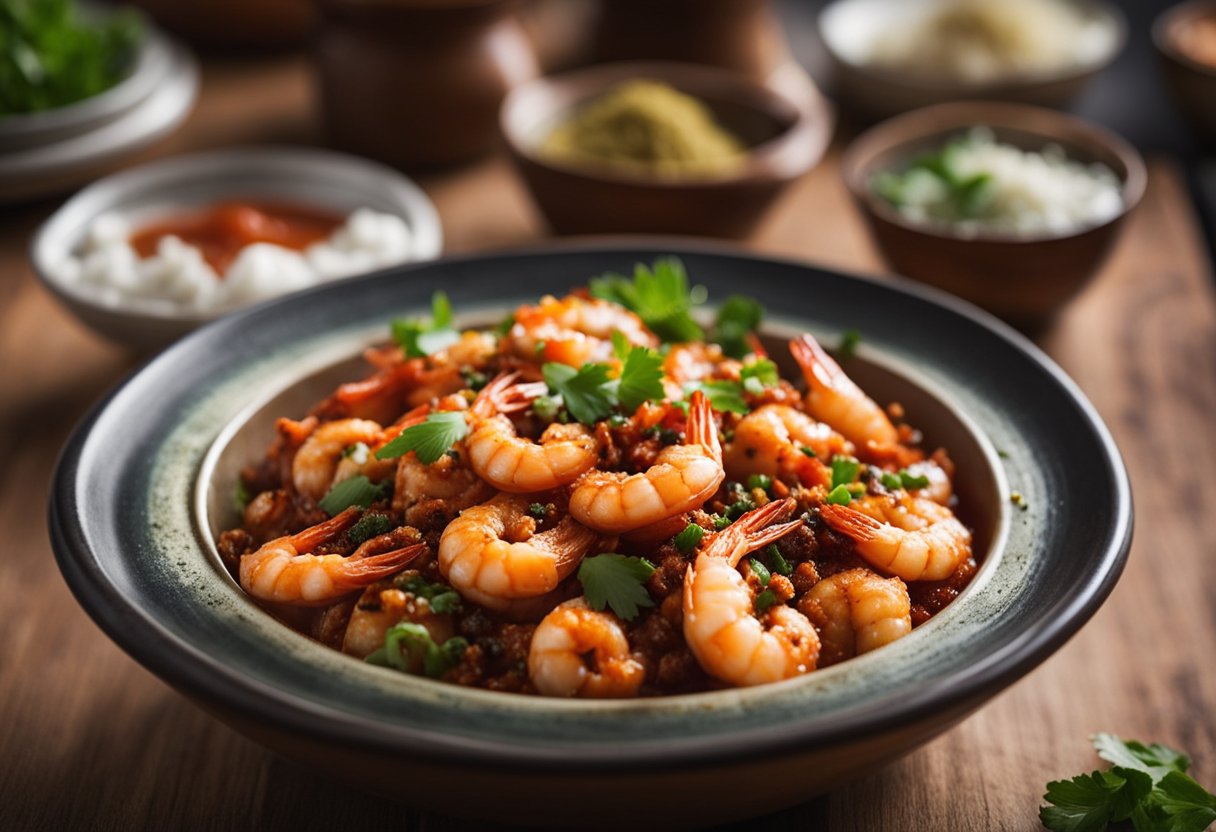 Sambal prawns being mixed with spices and herbs in a bowl