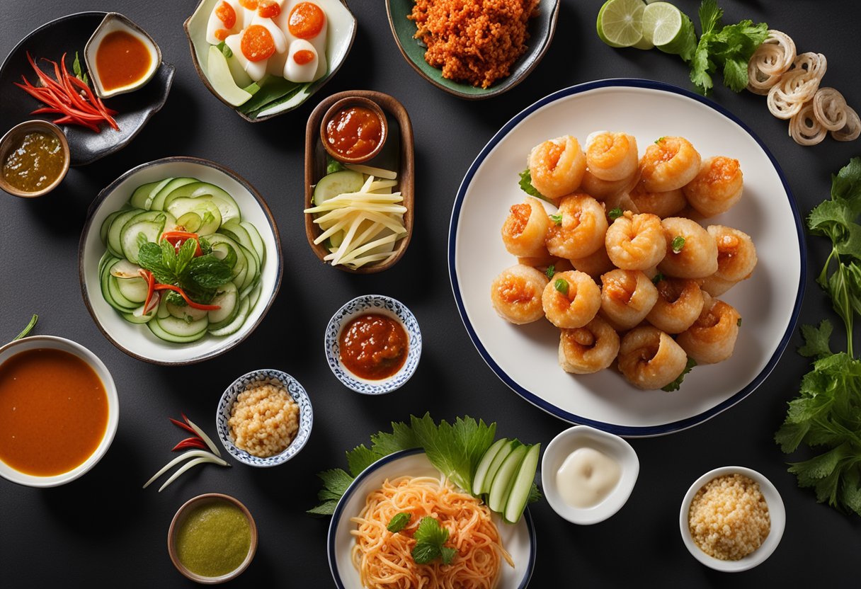 A plate of sambal prawn rolls surrounded by various condiments and garnishes