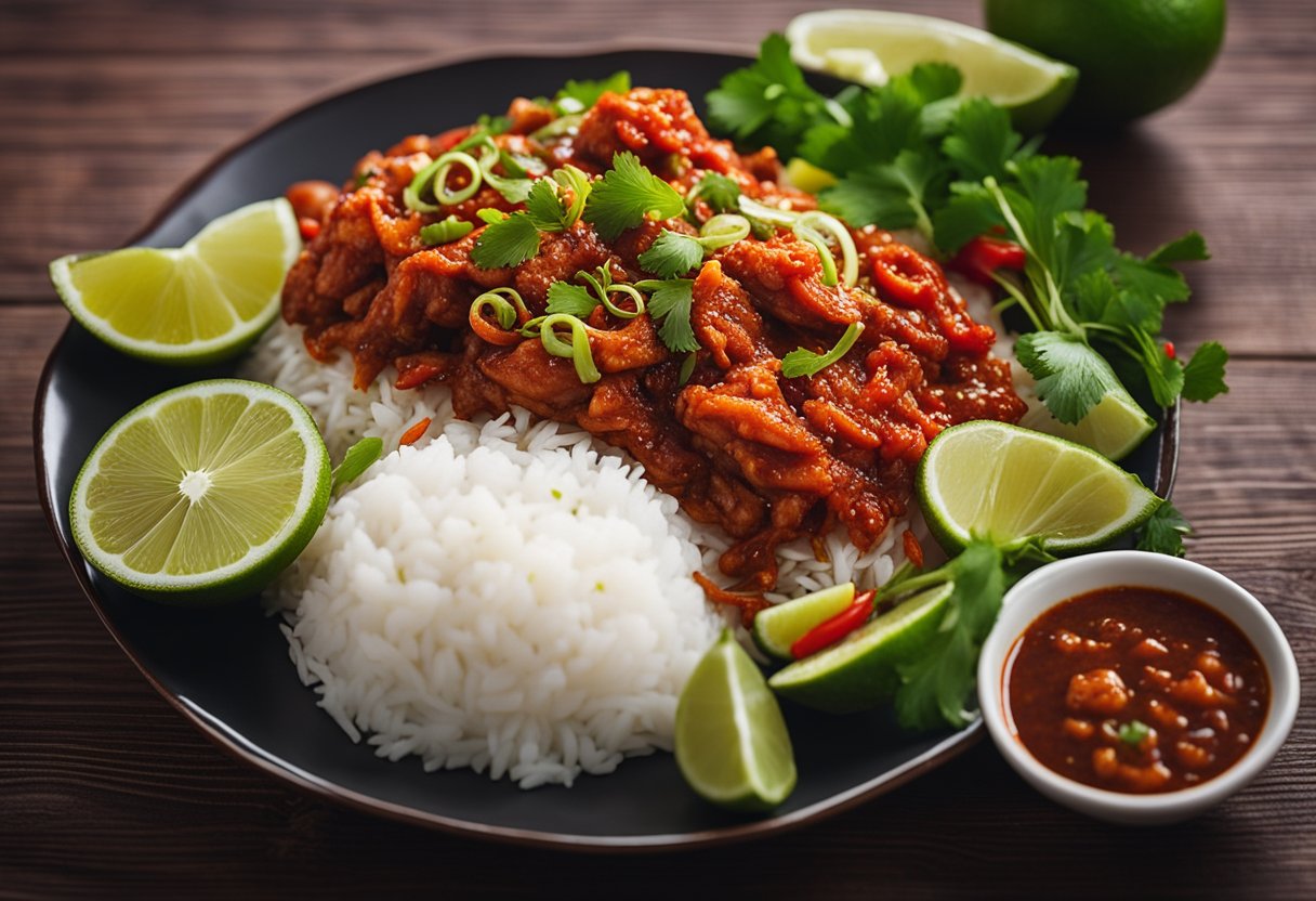 A plate of sambal fish with vibrant red chili sambal, topped with sliced onions and fresh lime, served alongside fragrant steamed rice