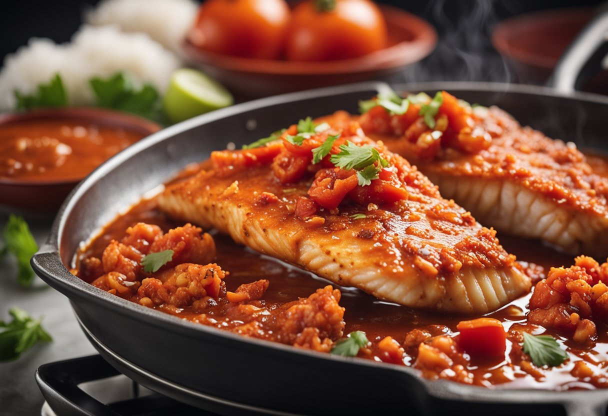 A sizzling pan of sambal fish on a stove, with steam rising and a vibrant red sauce. A plate with a bed of rice next to it, ready to be served