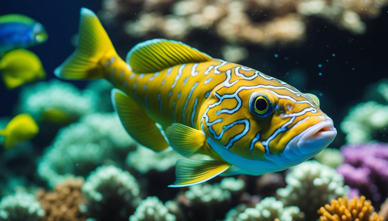 A Sambo fish swims in clear, tropical waters surrounded by colorful coral reefs and other marine life