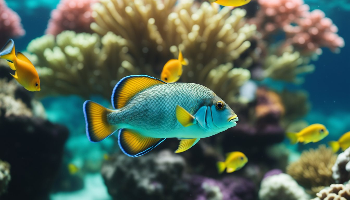 A sambo fish swimming in clear, turquoise waters surrounded by vibrant coral reefs and colorful marine life