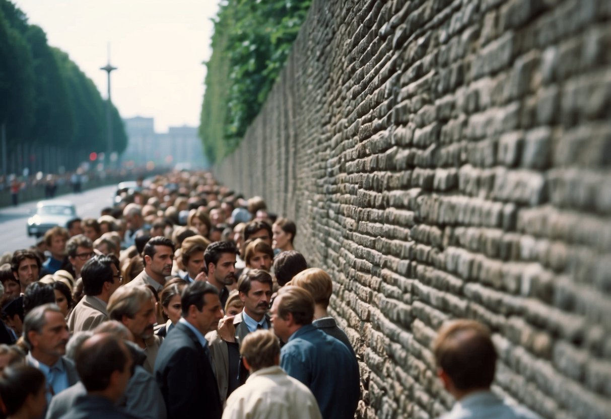 The Berlin Wall looms over the city, dividing East and West. People gather on both sides, some attempting to scale the wall while others stand guard