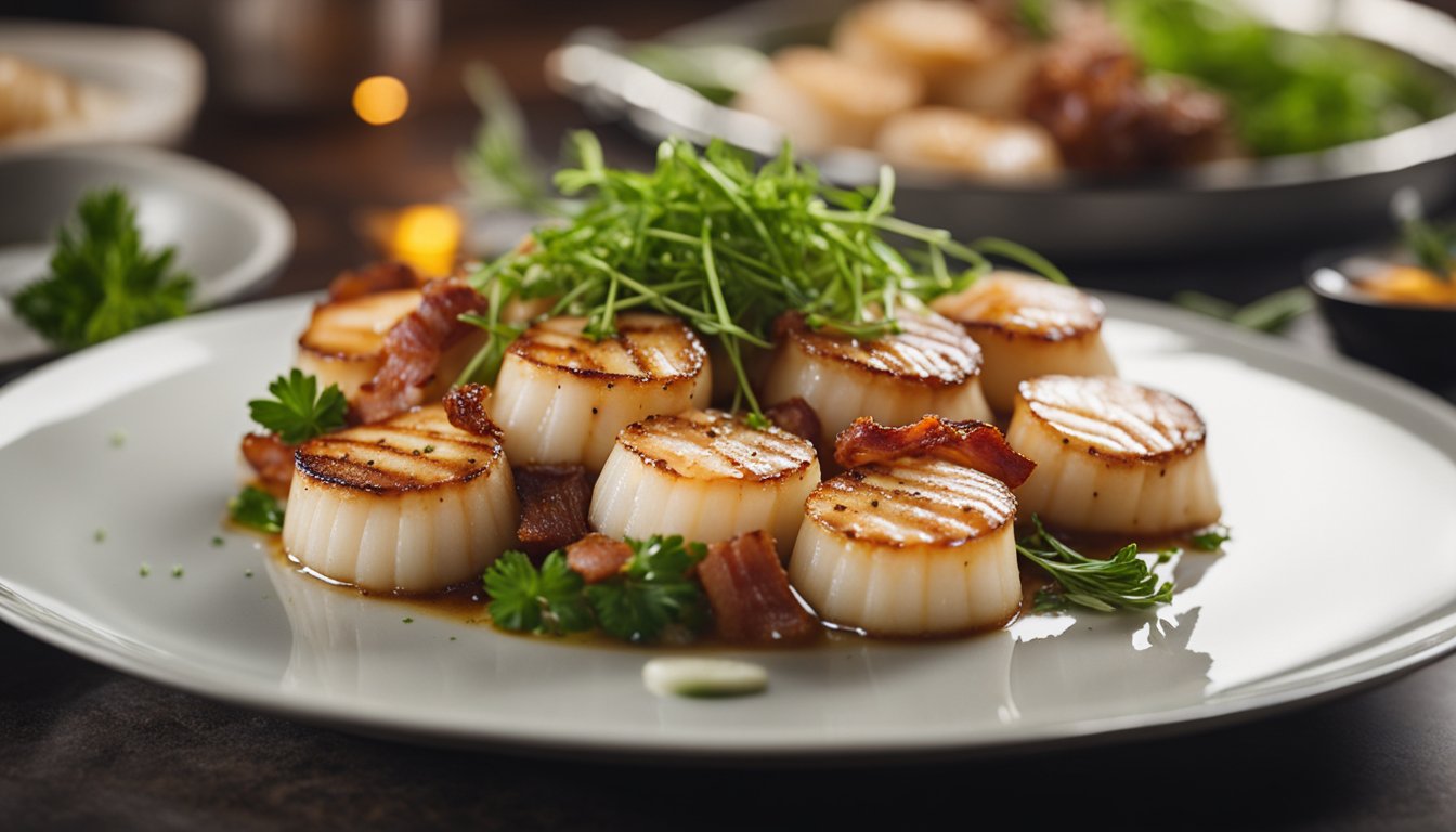 Scallops sizzling in a hot pan, surrounded by crispy bacon strips. A sprinkle of fresh herbs adds color to the dish