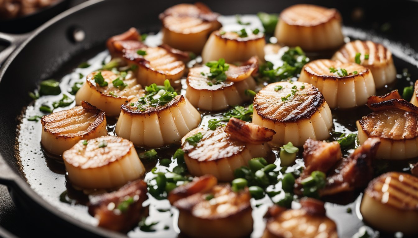 Scallops searing in hot pan, bacon sizzling nearby. Butter and garlic added for flavor