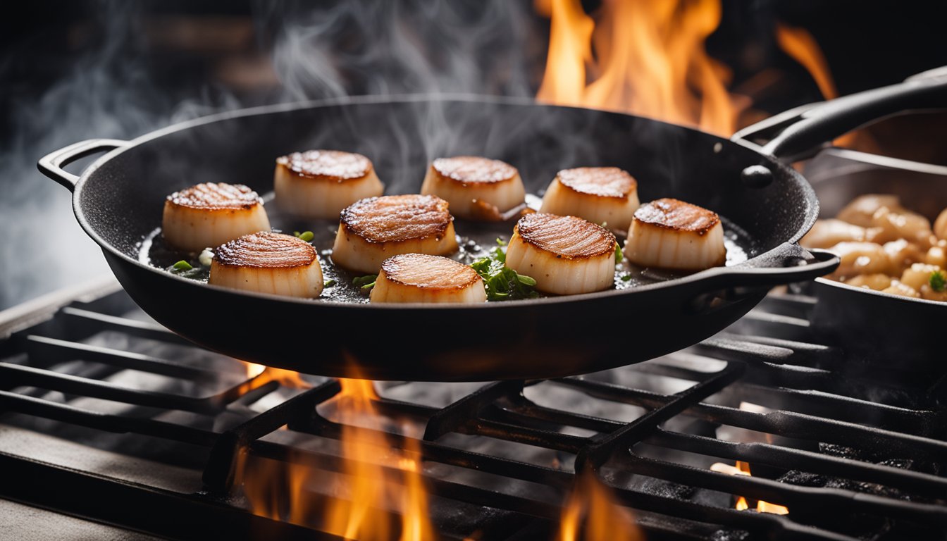 Scallops and bacon sizzling in a hot pan, steam rising, with a chef's spatula flipping them over