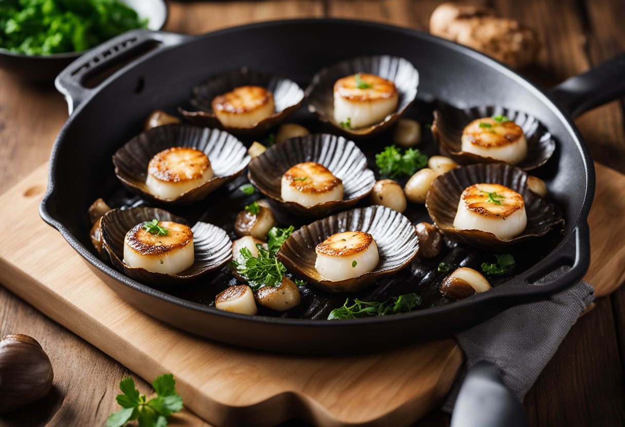 Scallops sizzling in a pan next to sliced portobello mushrooms on a cutting board