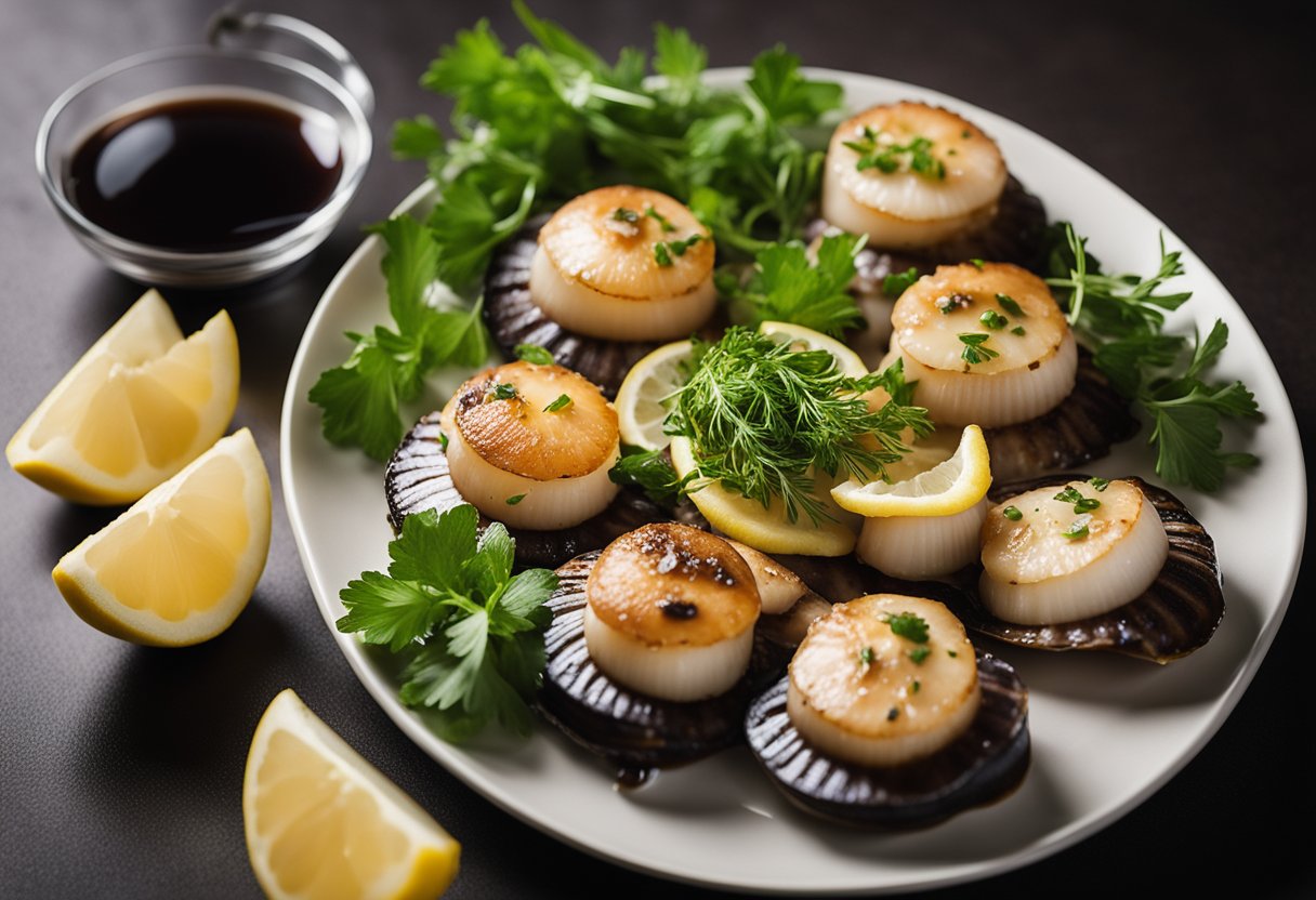 Scallops and portobello mushrooms arranged on a plate with a side of lemon wedges and garnished with fresh herbs