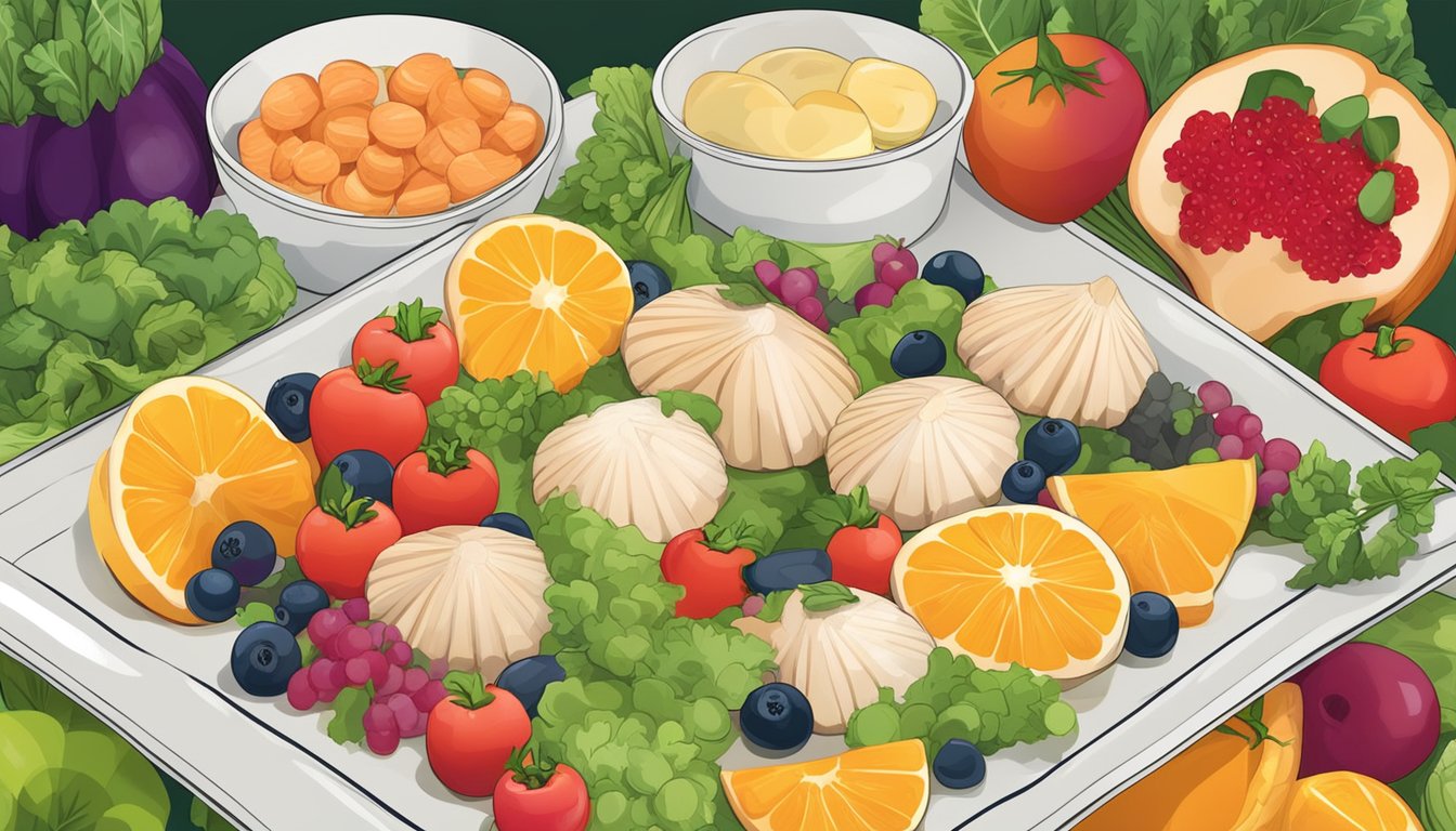 A plate of fresh scallops surrounded by colorful fruits and vegetables, with a nutrition label in the background