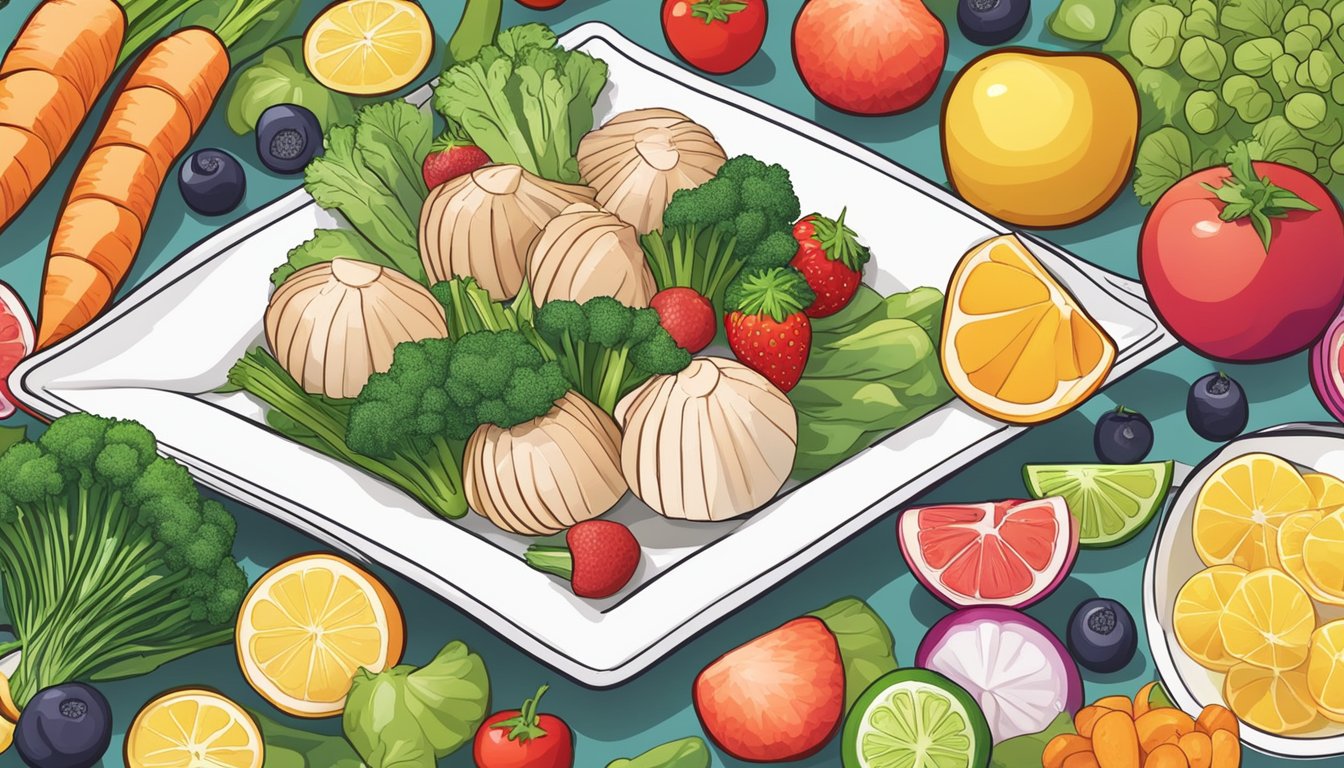 A plate of fresh scallops surrounded by colorful fruits and vegetables, highlighting their nutritional benefits for a healthy diet