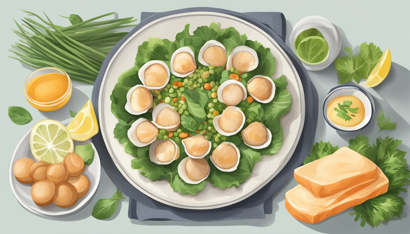 A plate of fresh scallops surrounded by various nutrient-rich foods and a nutrition label showcasing their health benefits