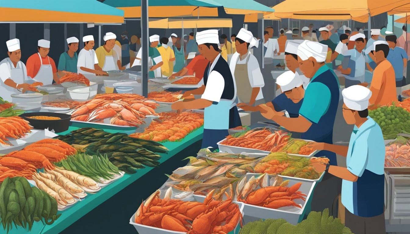A bustling seafood market at Langkawi, with colorful displays of fresh fish, crab, and lobster. Customers haggle with vendors while chefs prepare sizzling dishes