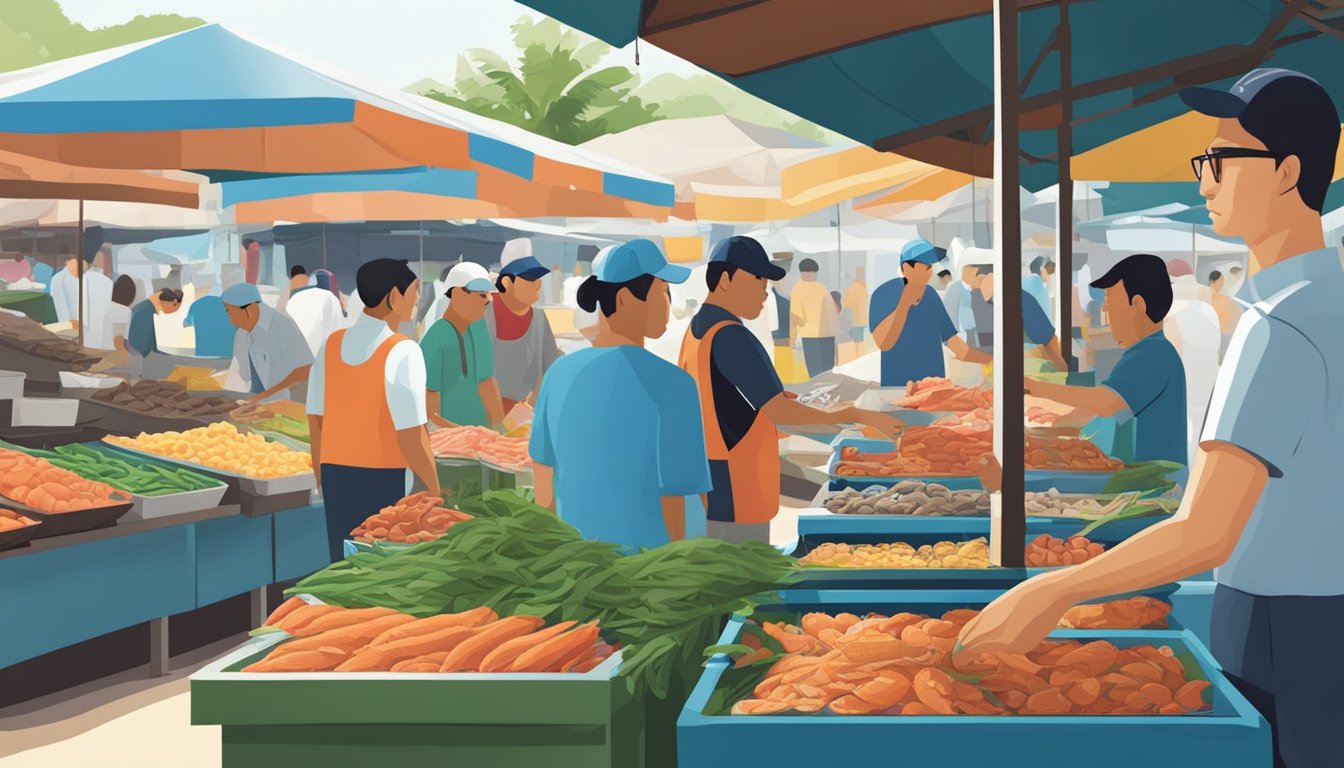 A busy seafood market in Langkawi, Singapore, with vendors answering frequently asked questions from customers about their fresh catch