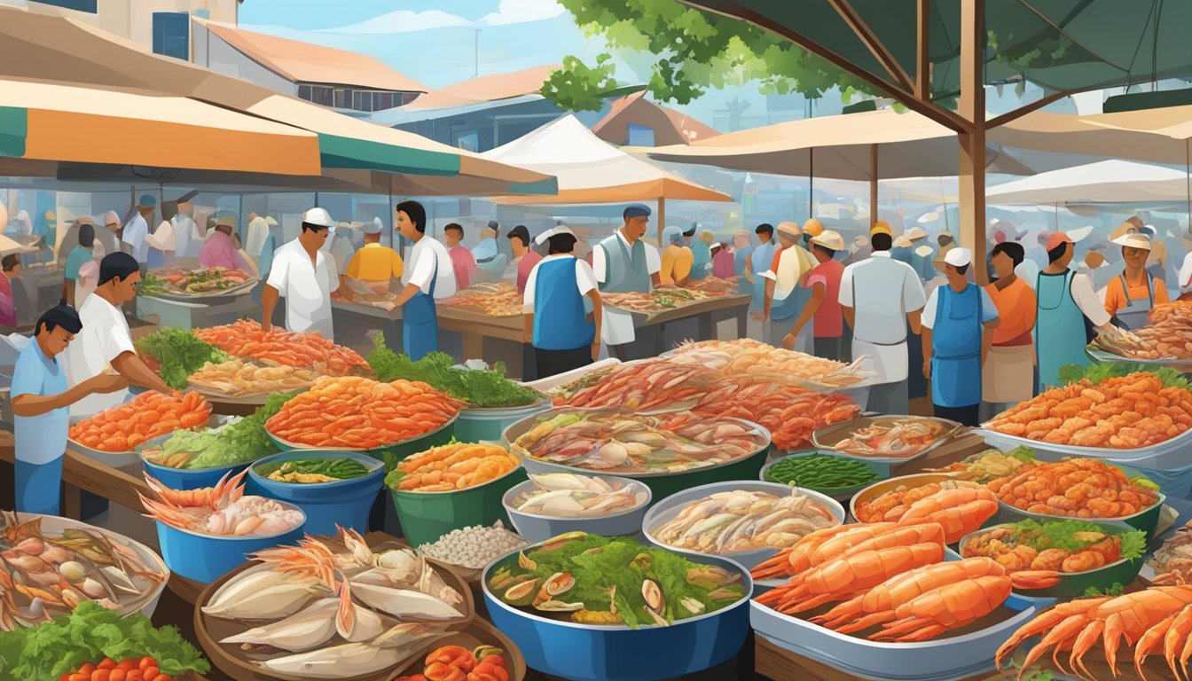 A bustling seafood market with colorful displays of fresh fish, crabs, and prawns, surrounded by bustling crowds and the aroma of sizzling seafood dishes