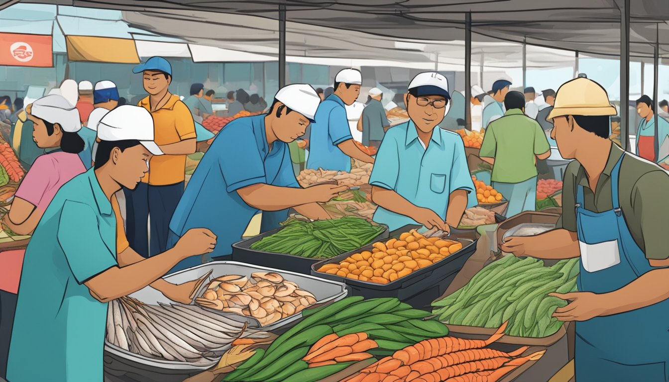 A bustling seafood market at Batam Center, Singapore, with vendors answering frequently asked questions from customers