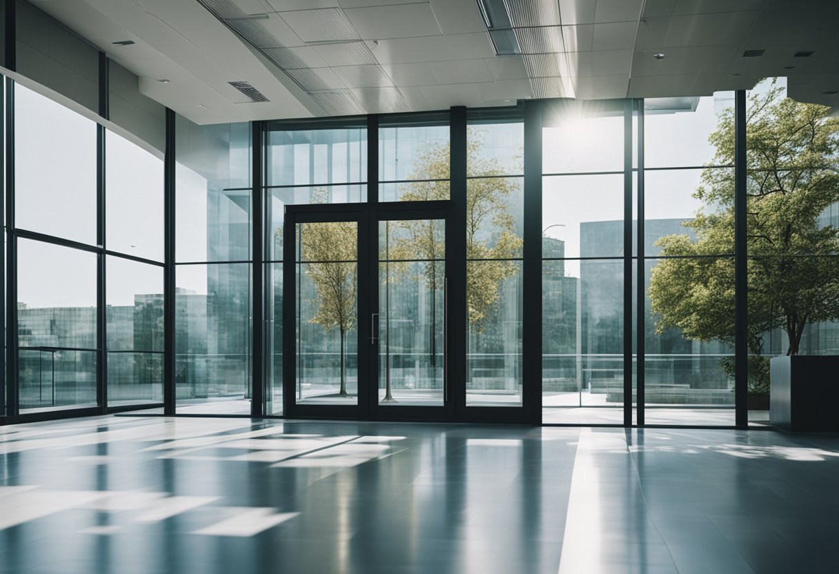 Aluminum glass doors and windows reflect sunlight in a modern building