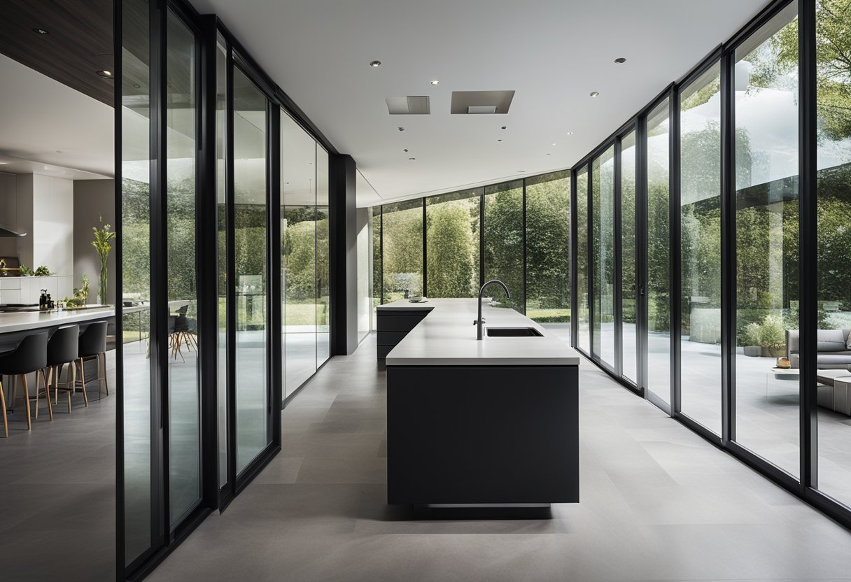 The modern, sleek aluminium glass doors and windows reflect the surrounding environment, creating a seamless connection between indoor and outdoor spaces