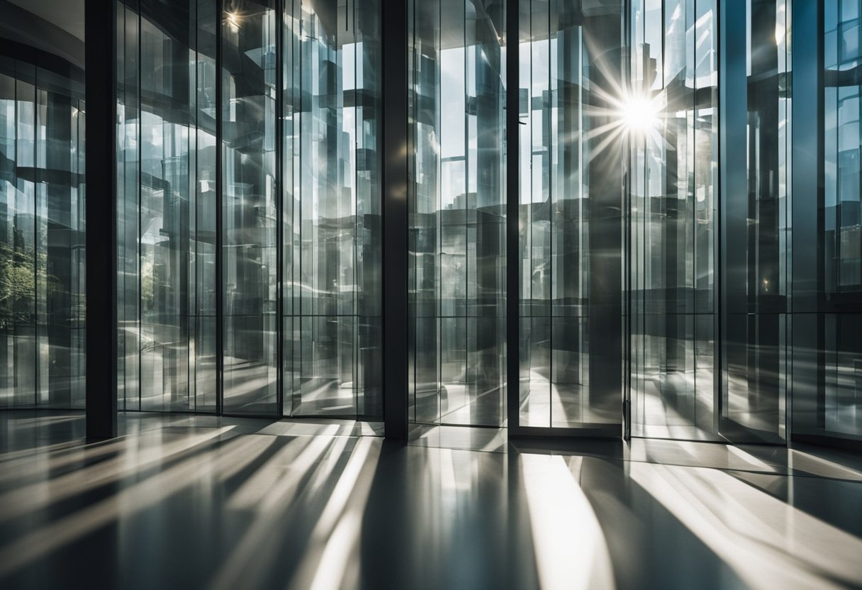 Aluminium glass doors and windows are arranged in an artistic installation, with light streaming through them, creating a captivating play of shadows and reflections