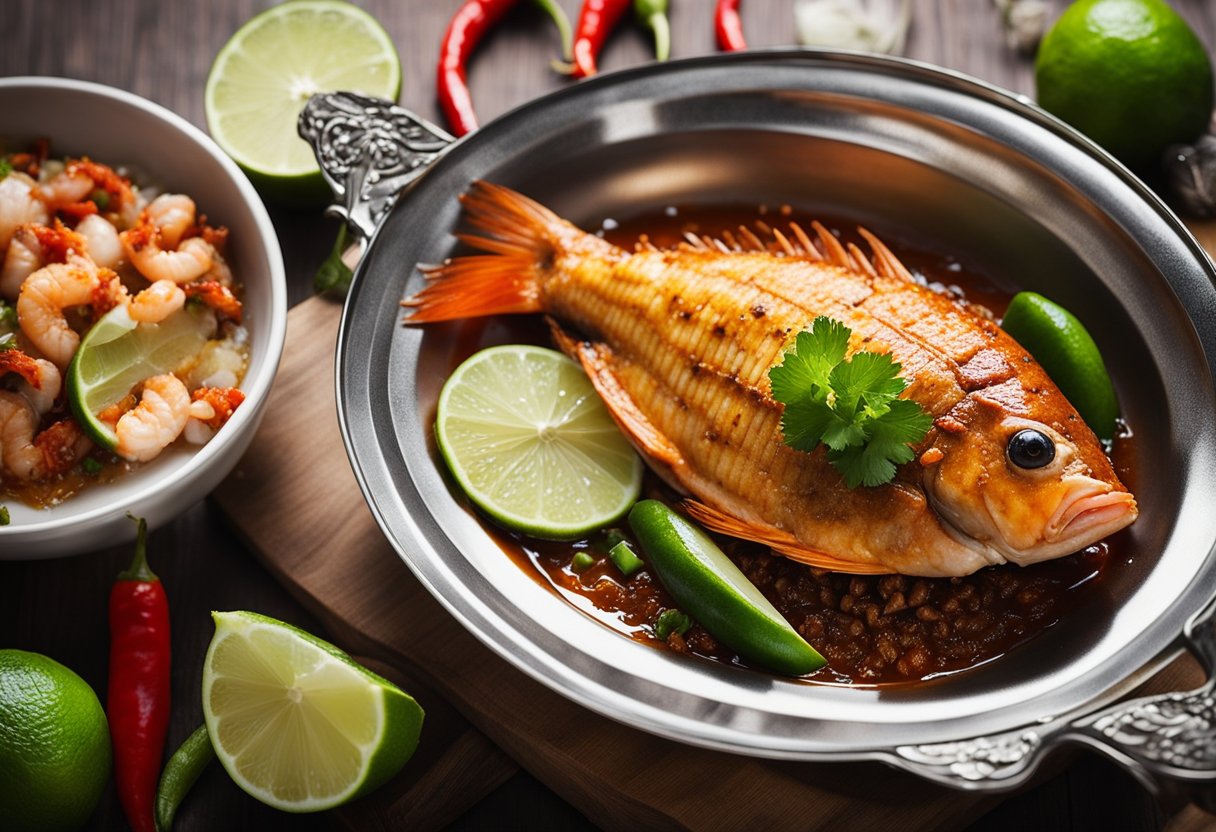 A whole fish being marinated in sambal belacan, surrounded by ingredients like chili, shrimp paste, and lime