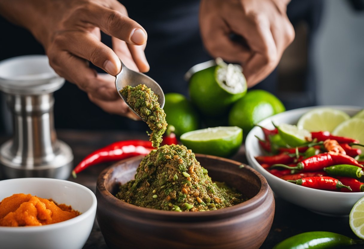 A hand is holding a mortar and pestle, grinding together red chilies, shrimp paste, and lime juice to make sambal belacan. A whole fish is being marinated in the spicy paste before being grilled over an open flame