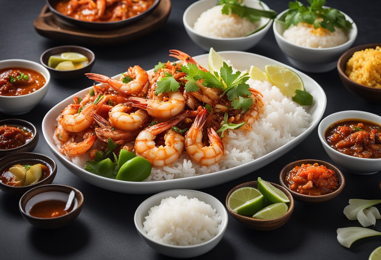 A table set with a spread of spicy sambal seafood dishes, featuring prawns, squid, and fish, accompanied by a side of fragrant jasmine rice