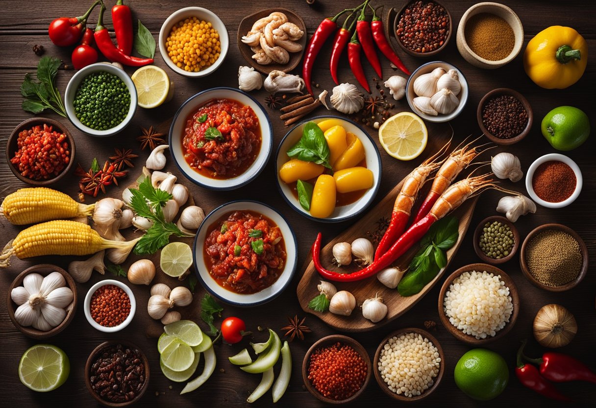 A colorful array of fresh seafood, chili peppers, garlic, and aromatic spices laid out on a wooden table, ready to be transformed into a delicious sambal seafood dish