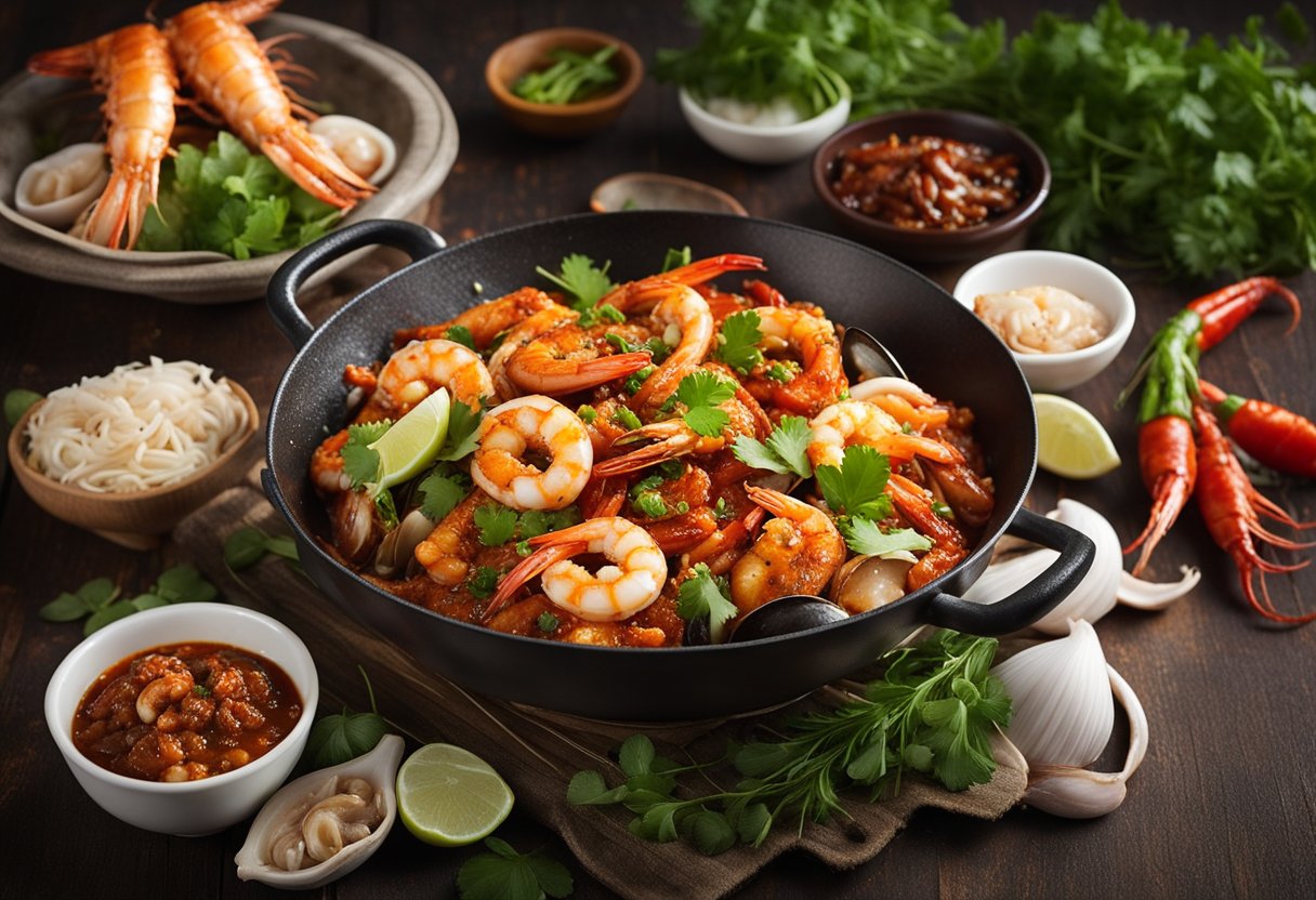 A sizzling wok of spicy sambal seafood, with plump prawns, tender squid, and succulent clams, surrounded by aromatic herbs and spices